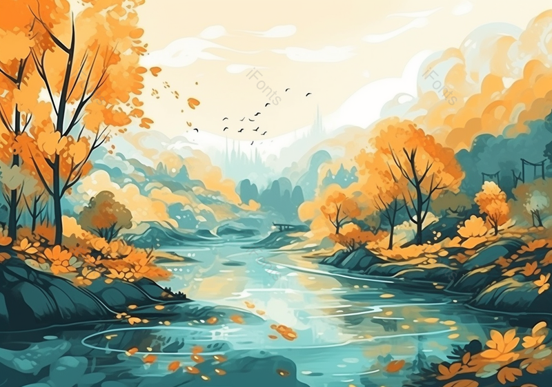 落叶随江漂流中国风手绘立秋黄色节气背景,插画/手绘图,插画/手绘图库,插画/手绘图下载,插画/手绘